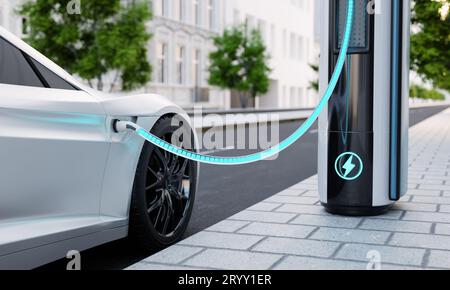 Schnellladestation für Elektrofahrzeuge auf Stadtstraßen mit blauer Energiebatterie. Treibstoffleistung und Transportmittel Stockfoto
