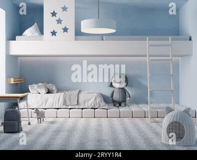 Eingebautes Etagenbett für Kinder oder Kinderzimmer in blauem Pastellfarben und weißem Hintergrund. Bildung und Innenarchitektur Stockfoto