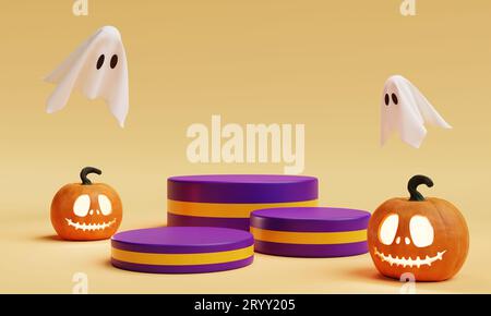Halloween Jack O Lantern drei-Stufen-Podium für den Hintergrund der Produktpräsentation. Weihnachtsfest und saisonales Konzept. 3D-Illus Stockfoto