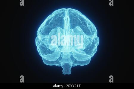 Strahlendes Röntgenbild des menschlichen Gehirns in blauem Drahtmodell auf isoliertem schwarzem Hintergrund. Wissenschaft und medizinisches Konzept. Vor dem Brai Stockfoto