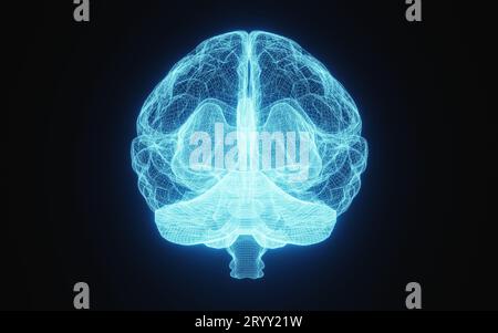 Strahlendes Röntgenbild des menschlichen Gehirns in blauem Drahtmodell auf isoliertem schwarzem Hintergrund. Wissenschaft und medizinisches Konzept. Vor dem Brai Stockfoto