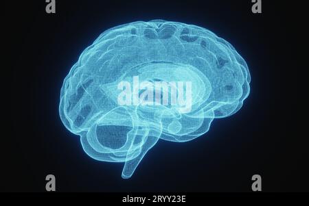 Strahlendes Röntgenbild des menschlichen Gehirns in blauem Drahtmodell auf isoliertem schwarzem Hintergrund. Wissenschaft und medizinisches Konzept. Seite des Gehirns. 3 Stockfoto