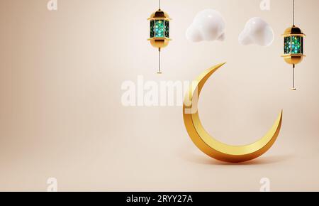 Goldener Halbmond mit arabischer Laterne auf korallenfarbenem Hintergrund. EID Mubarak oder Ramadan Urlaub und traditionelle Religion con Stockfoto