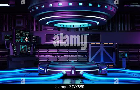 Cyberpunk Sci-fi-Produktpodium im Raumschiff mit blauem lila und rosa Hintergrund. Technologie- und Objektkonzept. 3D-Il Stockfoto