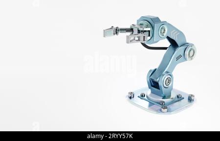 Roboterarm mit Handgriff für die Herstellung von Industrieanlagen auf isoliertem weißem Hintergrund. Technologie und futuristisches Konzept. Kunst Stockfoto