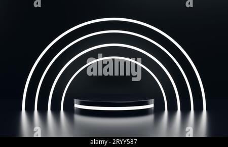Modernes rundes Produktpräsentationsfeld mit weißem leuchtendem Neon-Ring-Rahmen-Hintergrund. Technologie- und Objektkonzept. Stockfoto