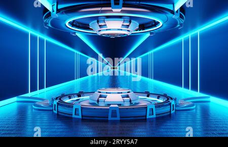 SCI-fi-Produktpodium im Raumschiff mit weißem und blauem Hintergrund. Raumfahrttechnik und Objektkonzept. 3D-Abbildung Stockfoto