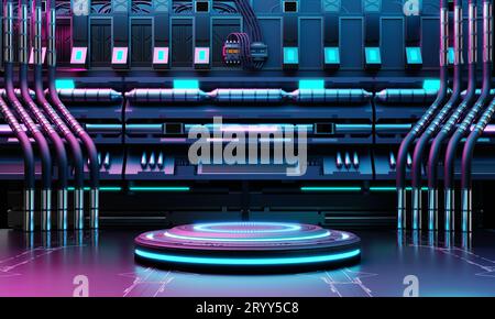 Cyberpunk Science-fiction-Produktpodium in Raumschiff-Basis mit blauem und rosa Hintergrund. Technologie- und Objektkonzept. 3D-Beleuchtung Stockfoto