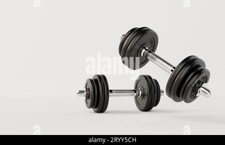 Zwei Kurzhanteln auf isoliertem weißem Hintergrund. Fitness- und Sportkonzept. 3D Darstellung von Illustrationen Stockfoto