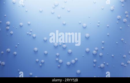 Tropfenwassertropfen auf blauem Glashintergrund. Blasen Sie in Wasser. Abstrakt und Naturkonzept. 3D-Darstellung von Illustrationen Stockfoto