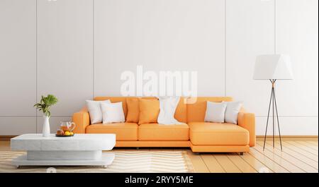 Gemütliches orangefarbenes Sofa in moderner weißer Holzwand in leerem Zimmer mit Pflanzen, Orangensaftteppich und Stehlampe auf Holzdielen, Parku Stockfoto