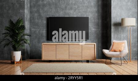 Fernseher über Holzschrank in modernem, leerem Zimmer mit Stuhlpflanzen, Teppich und Lampe auf Holzboden. Architektur und Innenraum Stockfoto