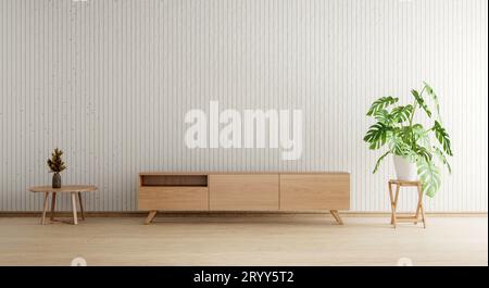 TV-Schrank mit leerer Wand Holzdiele Pflanztopf und Tischhintergrund. Innenraum und Architekturkonzept. Renderi für 3D-Illustrationen Stockfoto