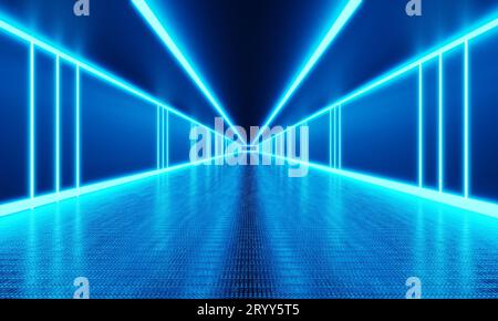 Leerer Raum mit einem unendlichen Gehweg und blauem Neonlicht im Hintergrund. Abstract und Technologiekonzept. 3D Darstellung von Illustrationen Stockfoto