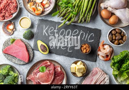 KETOGENIC DIÄT KONZEPT. Gesunde low carb Produkt Hintergrund. Ansicht von oben Stockfoto