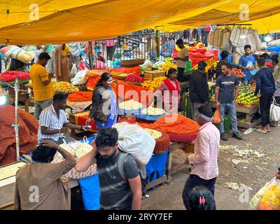 Exklusive Tagesaufnahmen von Menschen und Blumen auf dem KR Markt in Bengaluru Stockfoto