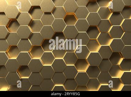 Golden Hexagon Wabenbewegung Hintergrund. Gold abstrakte Kunst und geometrische Konzept. 3D Illustration Rendering Grafikdesign Stockfoto