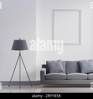 Luxuriöse moderne Innenausstattung in weiß-grauen Tönen Wohnzimmer Wohnzimmereinrichtung Konzept Hintergrund. Dreibeinige elektrische Lampe und leere pict Stockfoto