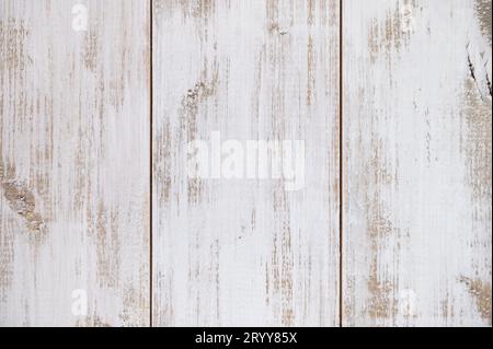 Nahaufnahme des alten weißen braunen Holzdielen-Texturhintergrunds. Hintergrundbild. Abstrakte Holzboden- und Wandstruktur. Draufsicht Stockfoto