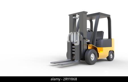 Gelber Gabelstapler mit leerem Gabelparkplatz auf weißem Hintergrund. Transport- und Industriekonzept. Versand- und Lieferlager Stockfoto