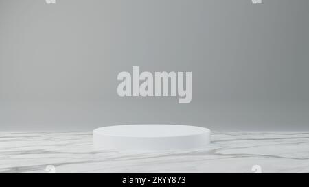 Weißer Produktständer auf weißem Marmorhintergrund. Abstraktes Konzept der minimalen Geometrie. Studio Podium Plattform Thema. Ausstellung und Stockfoto