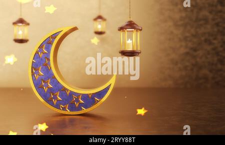 EID Mubarak islamisches Design mit Hohlsichel Mond auf goldenem Bokeh Hintergrund. Festival und traditionelles Veranstaltungskonzept. 3D-Beleuchtung Stockfoto