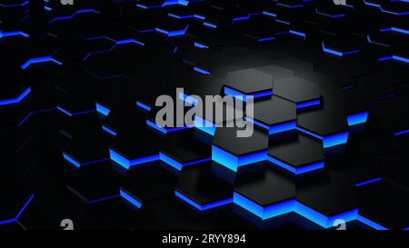 Futuristisches 3D-Rendering Blau und Schwarz abstrakter Wabensechskanthintergrund mit zufälligem Oberflächenniveau mit Beleuchtung und Schatten. Neigen Stockfoto