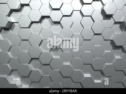 Silber Sechseck Wabenbewegung Hintergrund. Graue abstrakte Kunst und geometrisches Konzept. 3D Illustration Rendering Grafikdesign Stockfoto