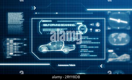 HUD selbstfahrendes Fahrzeug Pickup-LKW Fahrzeugspezifikation Scannen der Benutzeroberfläche auf dem Computerbildschirm Pixelanzeige Rückseite Stockfoto