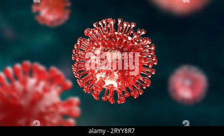 Supercloseup Coronavirus COVID-19 im menschlichen Lungenkörper-grünen Hintergrund. Wissenschaftliches Mikrobiologiekonzept. Ausbruch des roten Corona-Virus Stockfoto