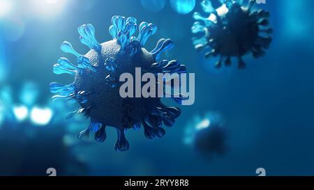 Supercloseup Coronavirus COVID-19 im menschlichen Lungenhintergrund. Wissenschafts-Mikrobiologiekonzept. Epidemie des Blauen Corona-Virus. Stockfoto