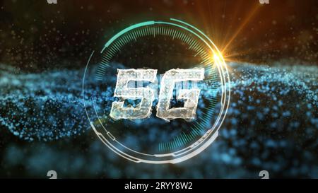 5G-Kommunikations-HUD mit abstrakten blauen Netzwerkdaten, die Bewegungshintergrund übertragen. Technologie und futuristisches Konzept. Hohe spe Stockfoto