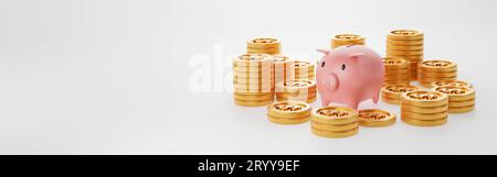 Schweinebank mit Goldmünze auf isoliertem weißem Hintergrund. Panorama-Weitwinkel-Deckbanner mit Kopierraum auf der linken Seite. Geld selbstklebend Stockfoto
