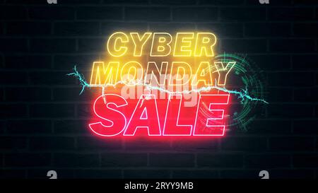 Cyber Monday Sale Textnachricht in gelb rot und blau grün leuchtende Beleuchtung mit Blitz auf Backsteinwand Hintergrund Stockfoto