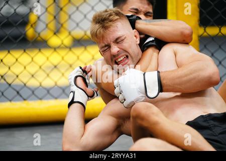 Mixed Martial Art: Wenn der Gegner niedergeschlagen wird, erwürgen Sie mit Ihren Händen den Hals Ihres Gegners. Erschweren es f Stockfoto