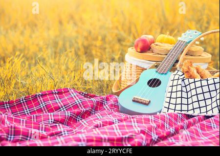 Picknick-Requisiten auf dem Herbstwiesen. Ukulele-Gitarre, Picknickkorb, Brot und Obst auf Picknickmatte auf Gras. Objekt und Trav Stockfoto