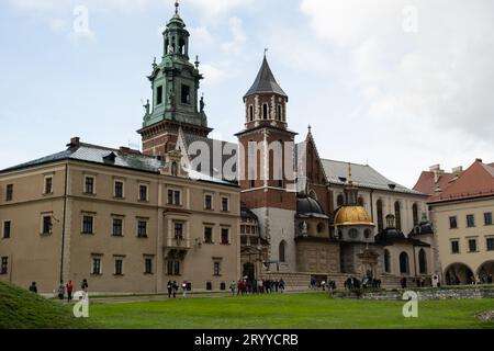 Sommerblick auf das Königsschloss Wawel in Krakau, Polen. Historischer Ort in Polen. Blumen im Vordergrund. Wunderschöne Besichtigungstour wi Stockfoto