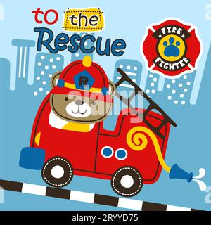 Vektor-Cartoon des niedlichen Bären, der Feuerwehrauto auf Gebäudehintergrund fährt Stock Vektor