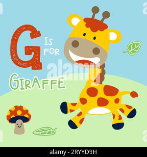 Süße Giraffe mit ihrem Namen, lächelnder Pilz, Vektor-Karikaturillustration Stock Vektor