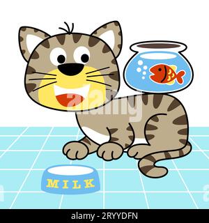 Kleine Katze mit Fisch im Glas, Vektor-Karikaturillustration Stock Vektor