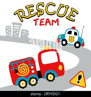 Vektor-Cartoon von Feuerwehrauto und Polizeiauto auf Stadtstraße mit Straßenschild und Gebäuden Stock Vektor