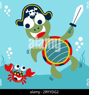 Lustige Schildkröte in Piratenmütze, die Schwert mit Krabbe unter Wasser hält, Vektor-Zeichentrickillustration Stock Vektor