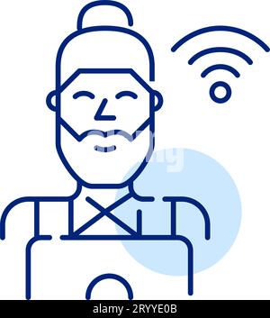 Junger Mann, der an einem Laptop mit wlan arbeitet. Freiberuflicher Fernjob oder Online-Ausbildung. Symbol für perfekte Pixel Stock Vektor