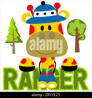 Vektor-Cartoon der lustigen Giraffe mit Ranger Hut mit Fernglas und Bäumen Stock Vektor