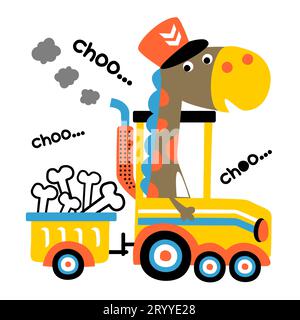 Niedlicher Dinosaurier, der Maschinist-Kappe auf der Dampfeisenbahn trägt, Knochen, Vektor-Karikaturillustration Stock Vektor