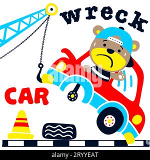 Bär auf Auto abgeschleppt wegen eines Unfalls auf der Straße, Vektor-Zeichentrickillustration Stock Vektor