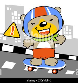 Niedlicher Bär, der Skateboard auf der Straße auf dem Hintergrund des Gebäudes spielt, Vektor-Zeichentrickillustration Stock Vektor