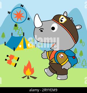 Kleines Nashorn in Pfadfinderuniform mit Camping-Elementen, Vektor-Zeichentrickillustration Stock Vektor