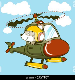 Militärhubschrauber mit niedlichem Bären Pilot, Vektor-Karikaturillustration Stock Vektor