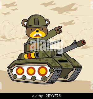 Teddybär mit Soldatenhelm auf gepanzertem Fahrzeug auf dem Schlachtfeld, Vektor-Zeichentrickillustration Stock Vektor